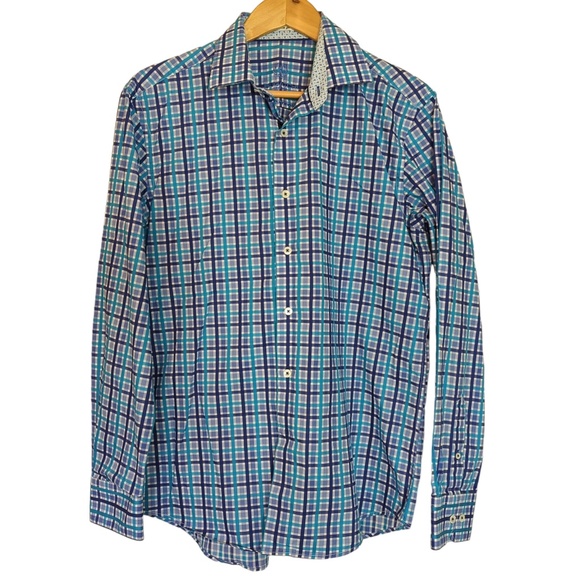 Bugatchi Men’s Blue Plaid Long Sleeve Flip Cuff Button up Shirt - Picture 1 of 14